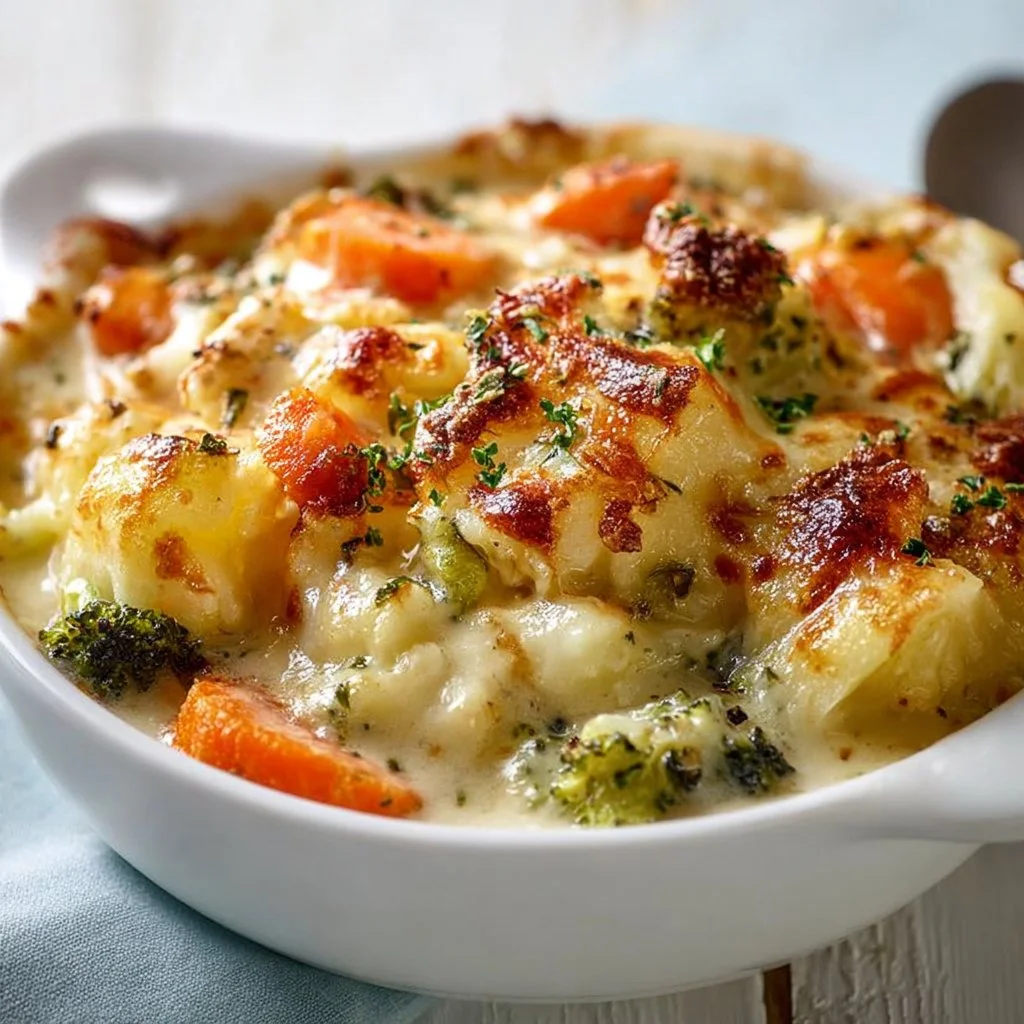 Delicious winter vegetable casserole with colorful seasonal vegetables