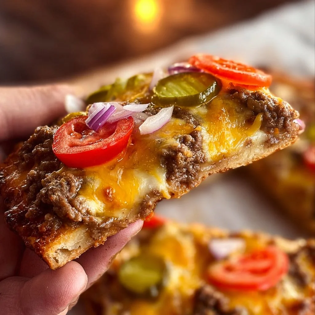 Delicious cheeseburger flatbreads topped with fresh ingredients and melted cheese.