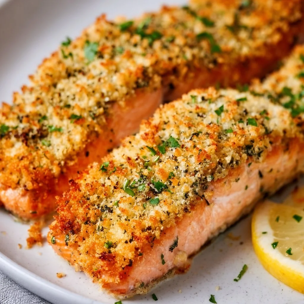 Air Fryer Crispy Parmesan Herb-Crusted Salmon served with fresh herbs