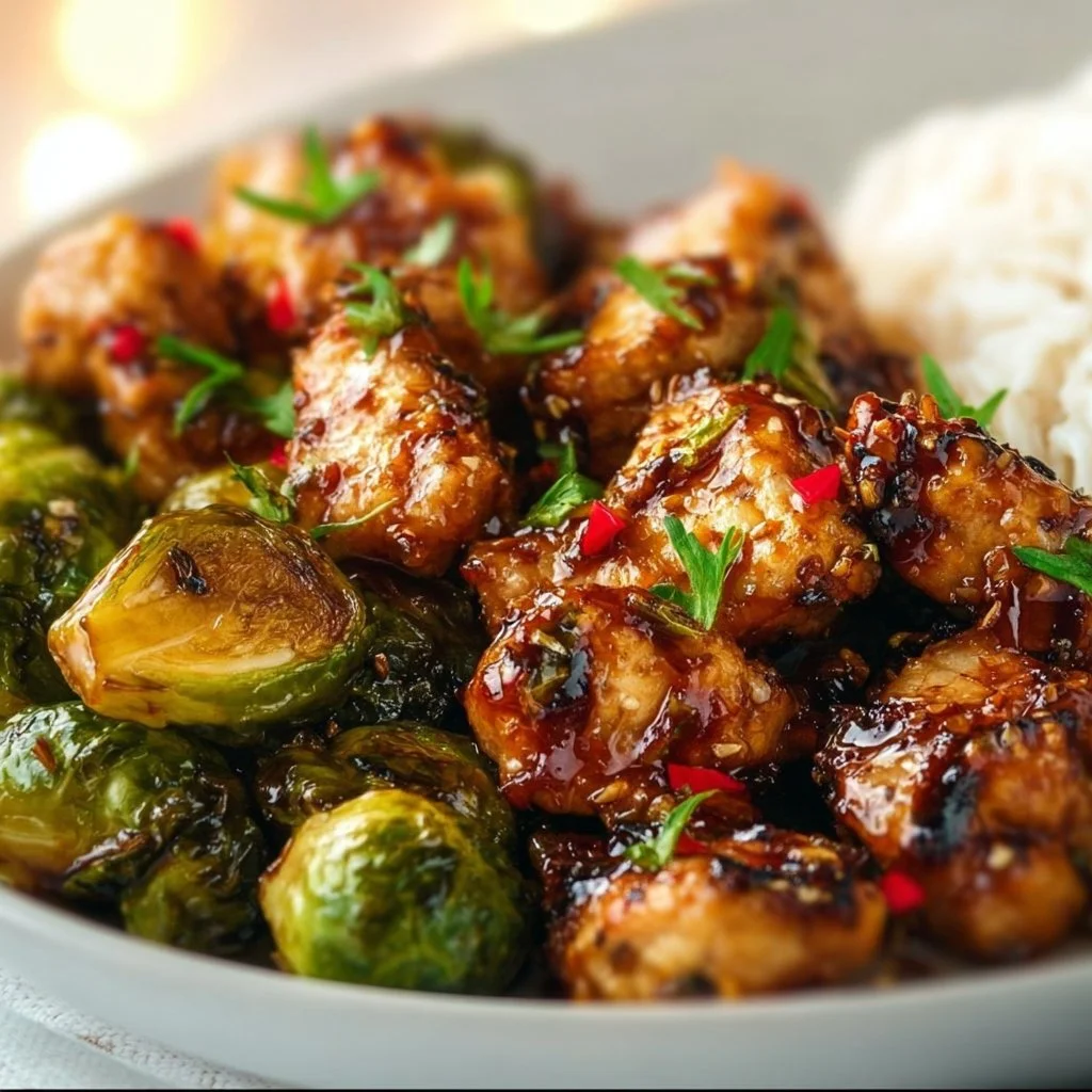 Delicious Air Fryer Sweet Chili Chicken served with Brussels sprouts