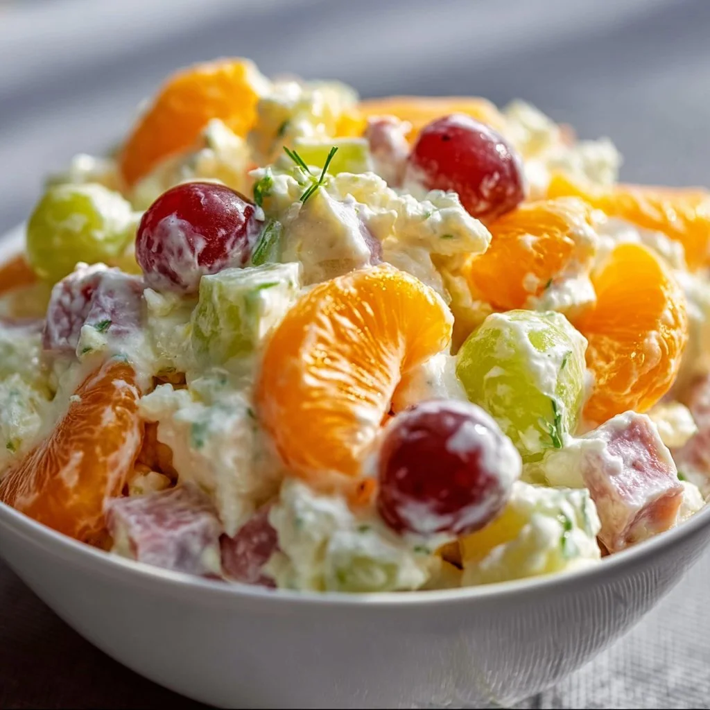 A colorful bowl of Ambrosia Salad featuring fruits, marshmallows, and cream.
