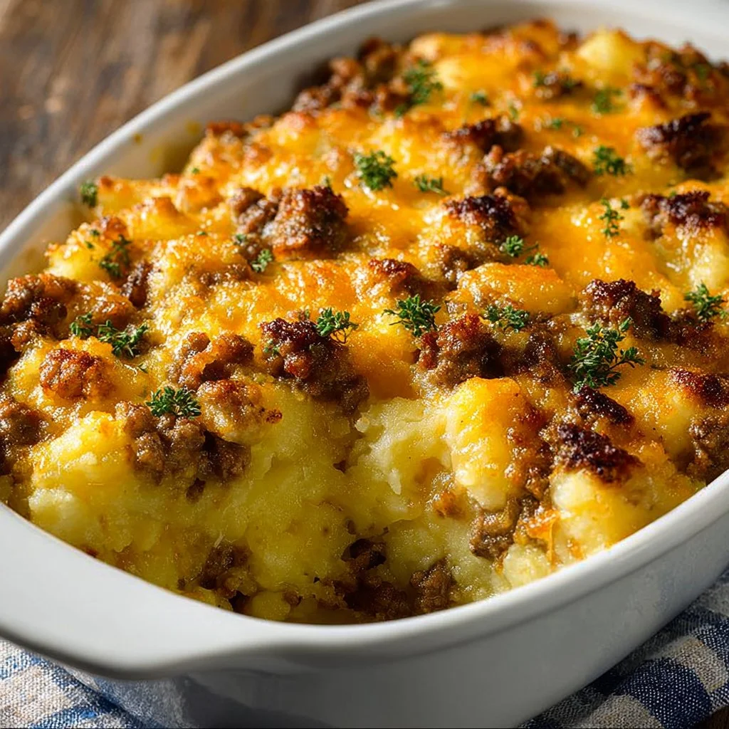 Amish Hamburger Potato Casserole topped with cheese and herbs in a baking dish