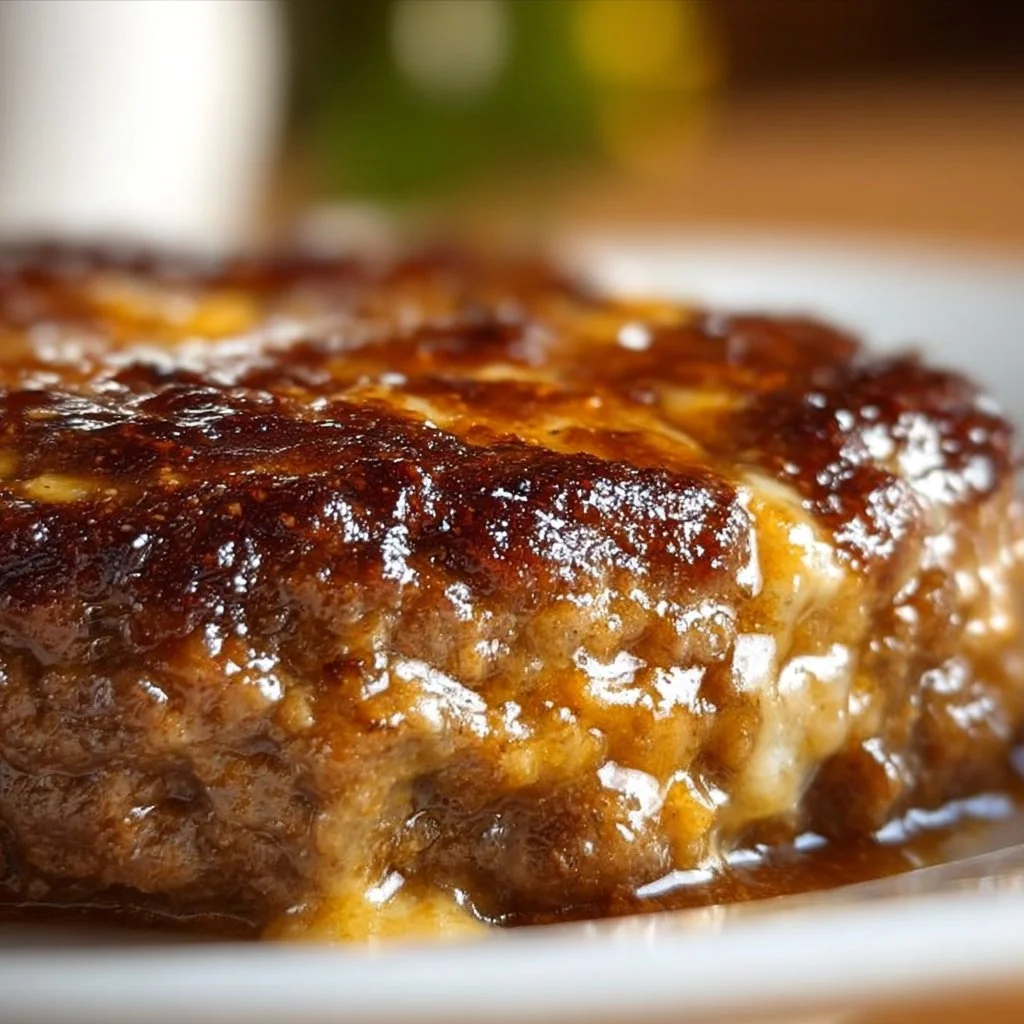 Amish Hamburger Steak Bake garnished with herbs on a rustic wooden table
