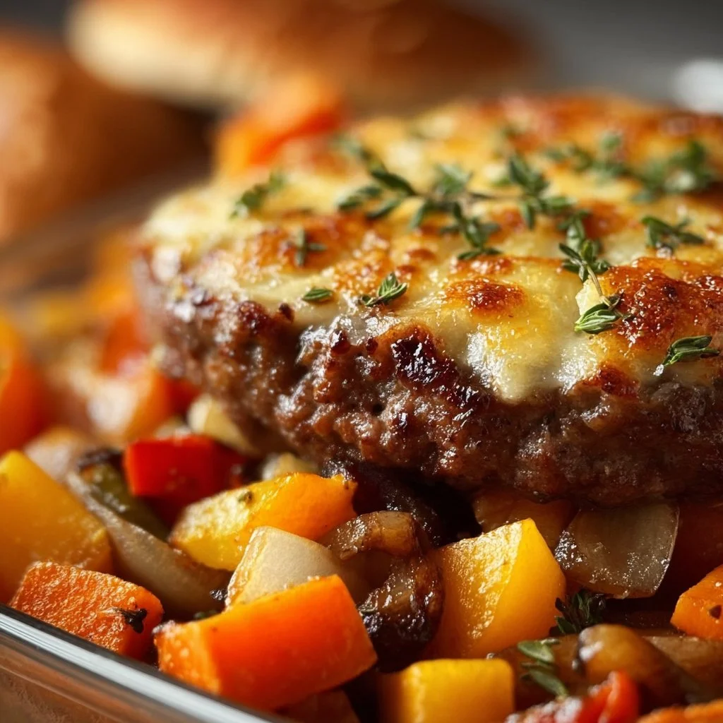 Amish Hamburger bake with colorful fall vegetables in a rustic dish