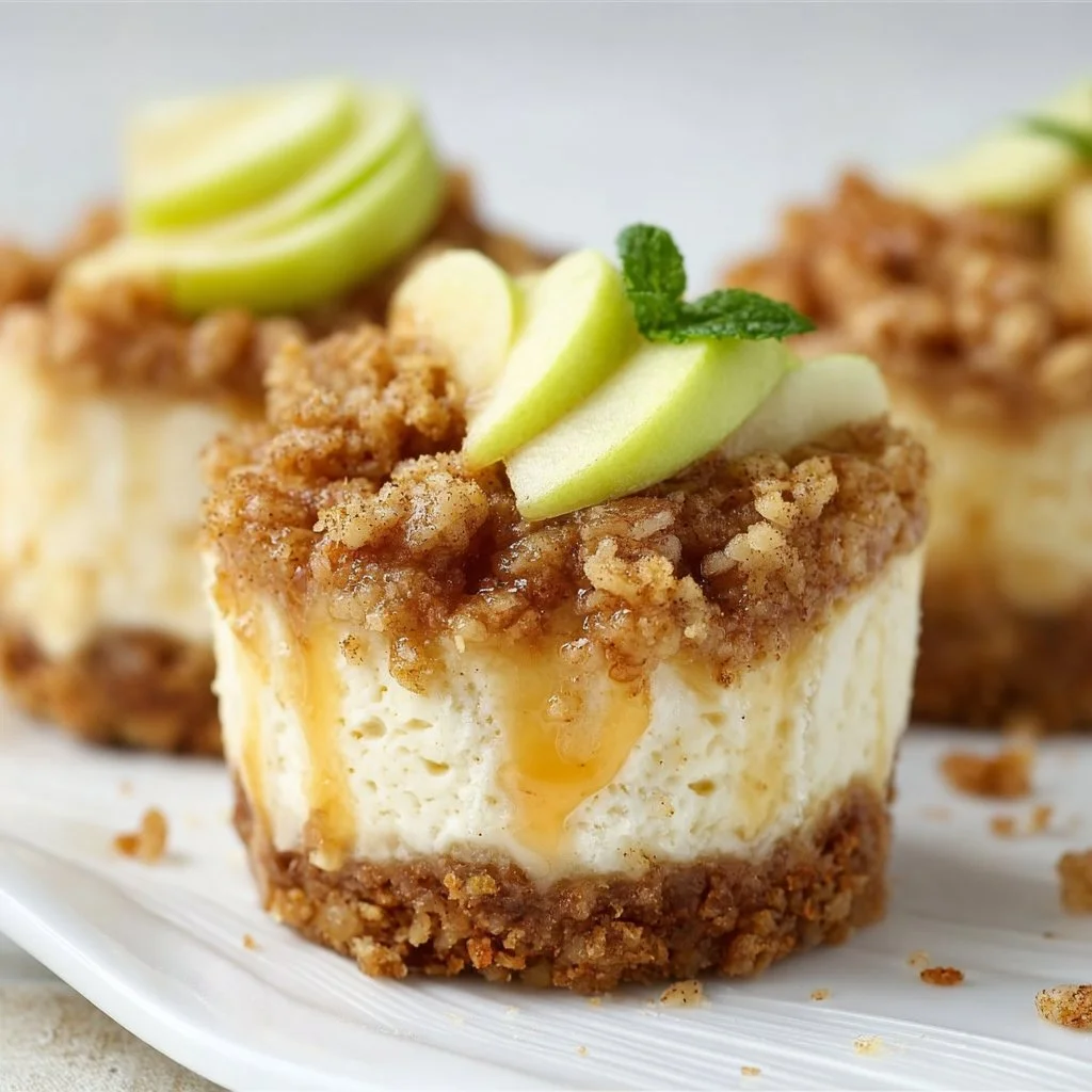 Apple crisp mini cheesecakes topped with crumbly cinnamon apple topping