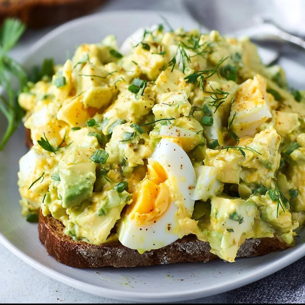 Delicious avocado egg salad served in a bowl with a sprinkle of herbs.