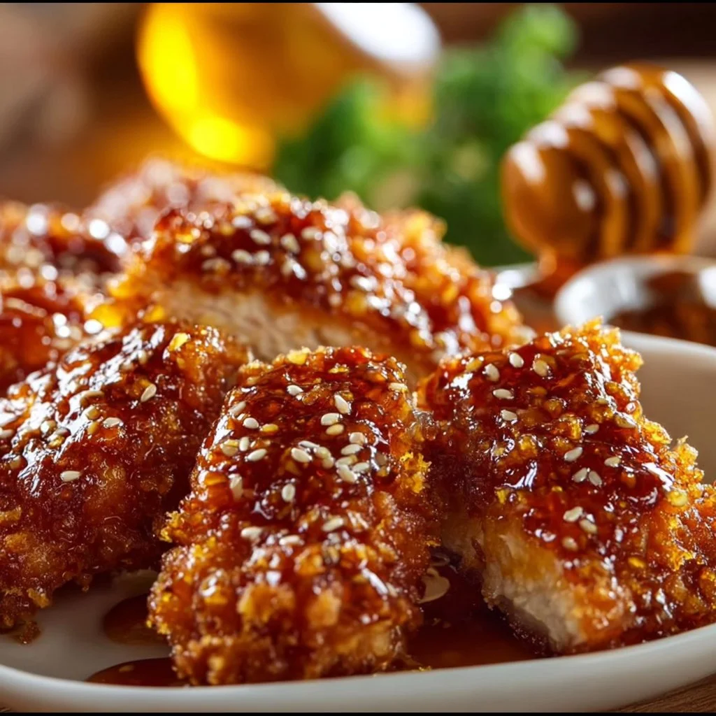 Baked crunchy hot honey chicken served with a side of vegetables