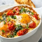 Baked Feta Eggs with Tomatoes and Spinach 3 Baked feta eggs with tomatoes and spinach served in a baking dish