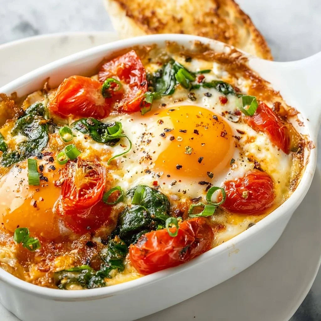 Baked feta eggs with tomatoes and spinach served in a baking dish