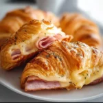 Freshly baked ham and cheese croissants on a wooden platter