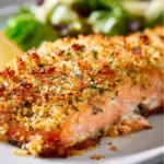 Baked Parmesan Crusted Salmon with Mayo 4 Baked Parmesan Crusted Salmon with Mayo on a white plate garnished with herbs
