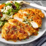 Delicious baked ranch chicken served on a plate with herbs and vegetables