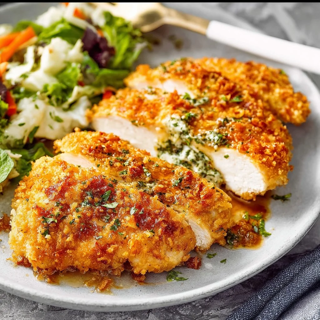 Delicious baked ranch chicken served on a plate with herbs and vegetables