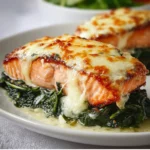 Baked salmon fillet served on a plate with spinach and lemon slices.