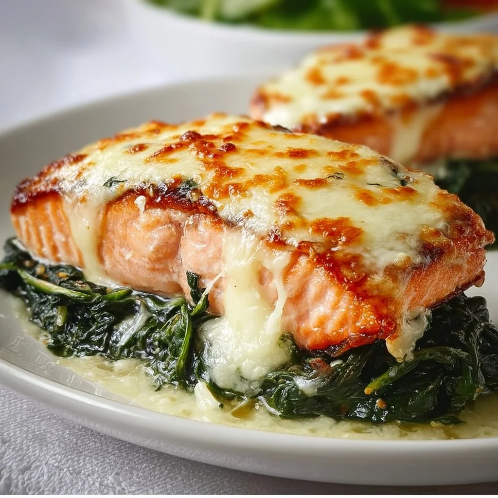 Baked salmon fillet served on a plate with spinach and lemon slices.