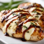Balsamic baked chicken breast garnished with herbs on a plate.