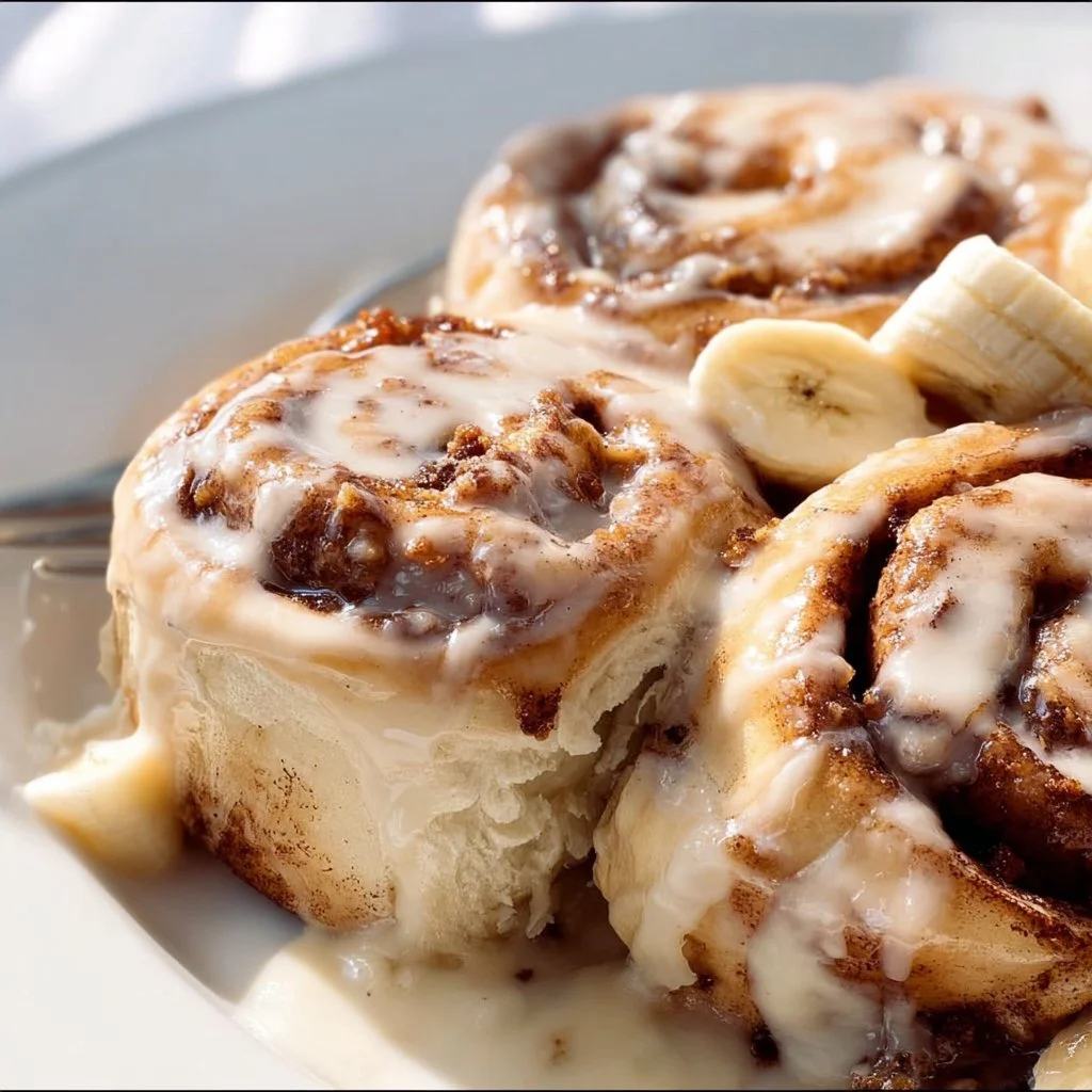 Deliciously baked banana cinnamon rolls topped with cream.