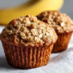 Freshly baked banana oatmeal muffins on a wooden table