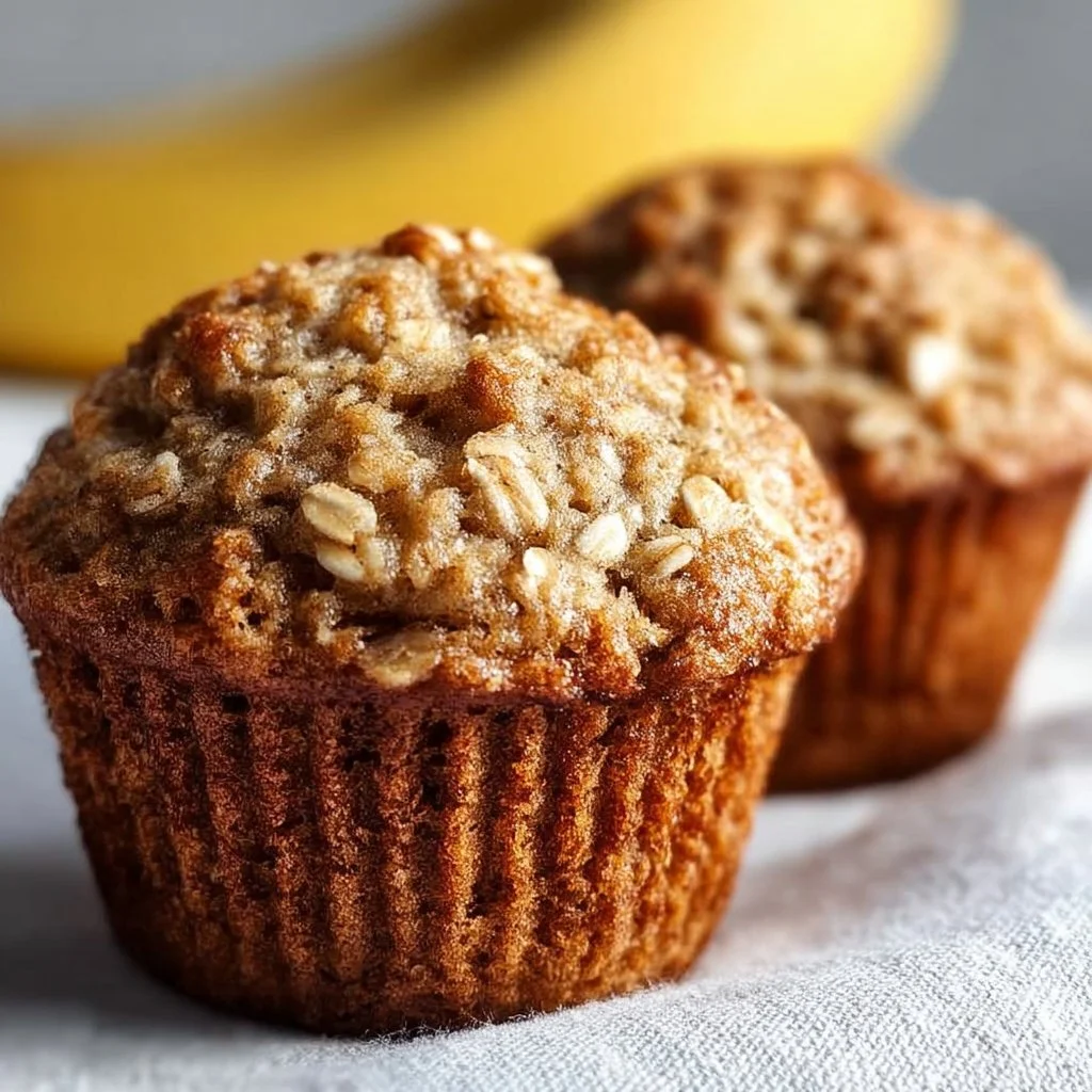 Freshly baked banana oatmeal muffins on a wooden table