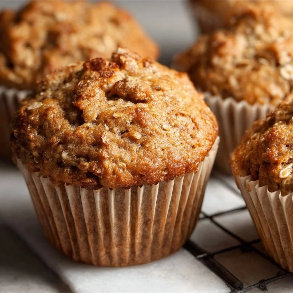 Freshly baked Banana Oatmeal Muffins on a wooden table