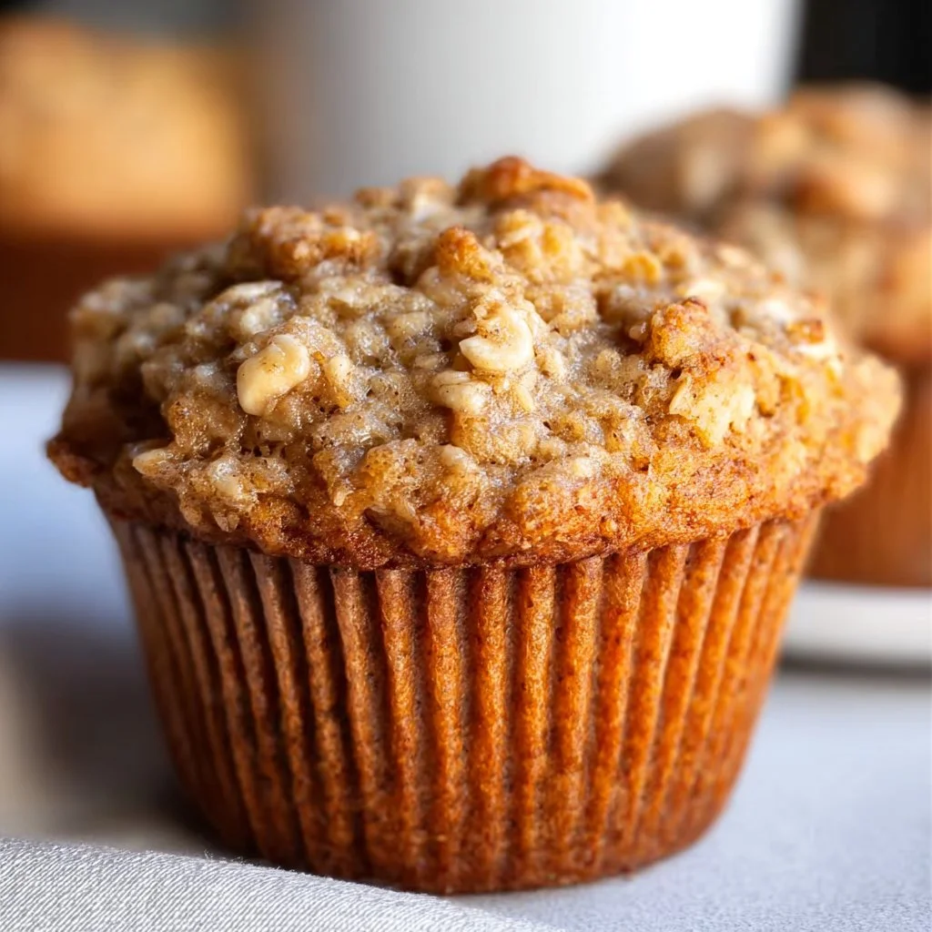 Freshly baked Banana Oatmeal Muffins on a wooden table