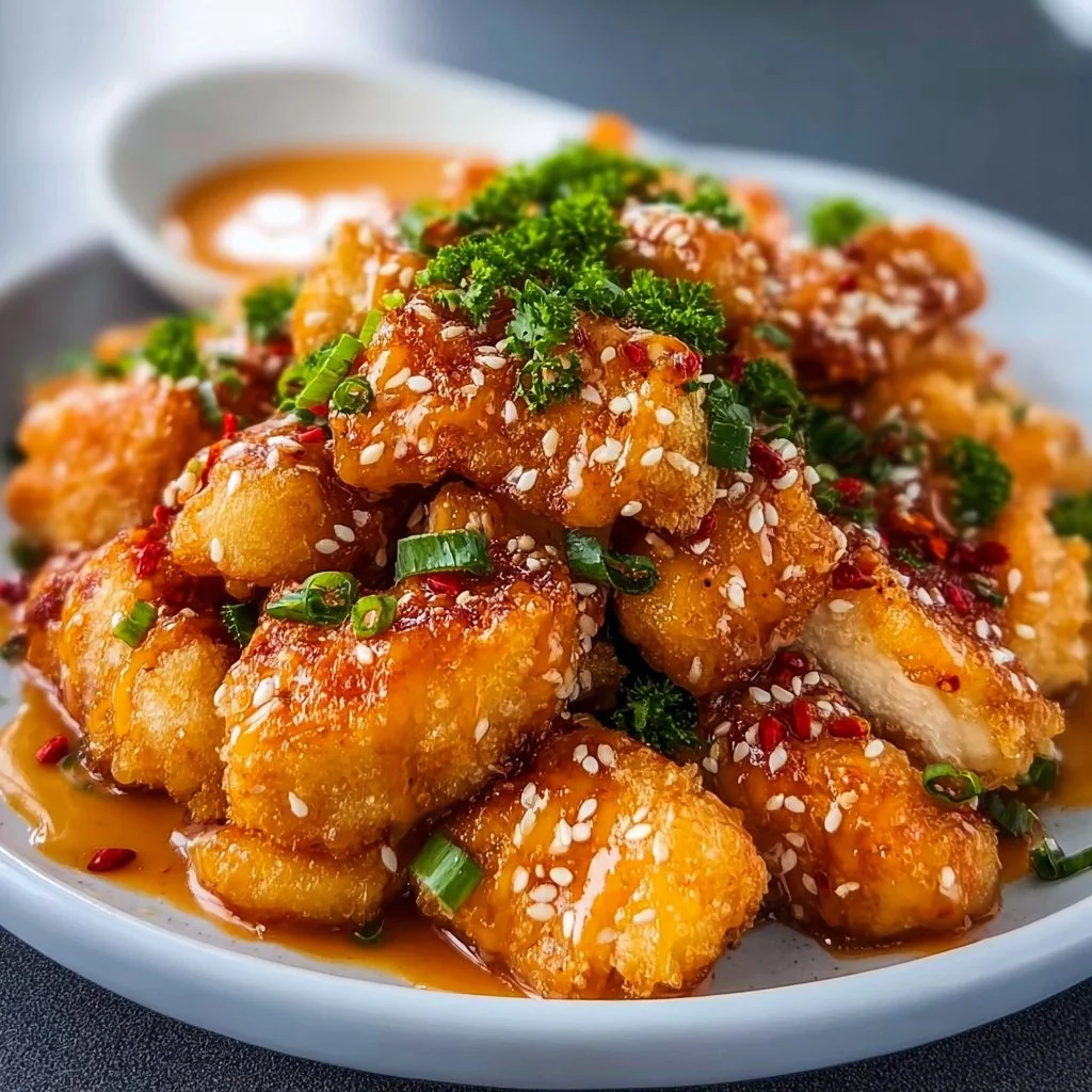 Plate of Bang Bang Chicken with spicy sauce and garnish