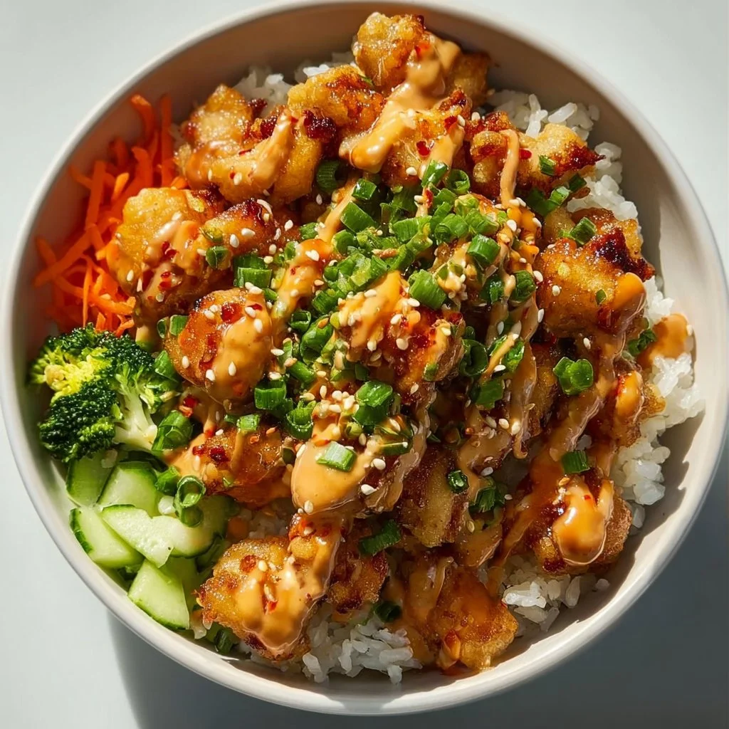 Delicious Bang Bang Chicken Bowl with spicy sauce and fresh ingredients