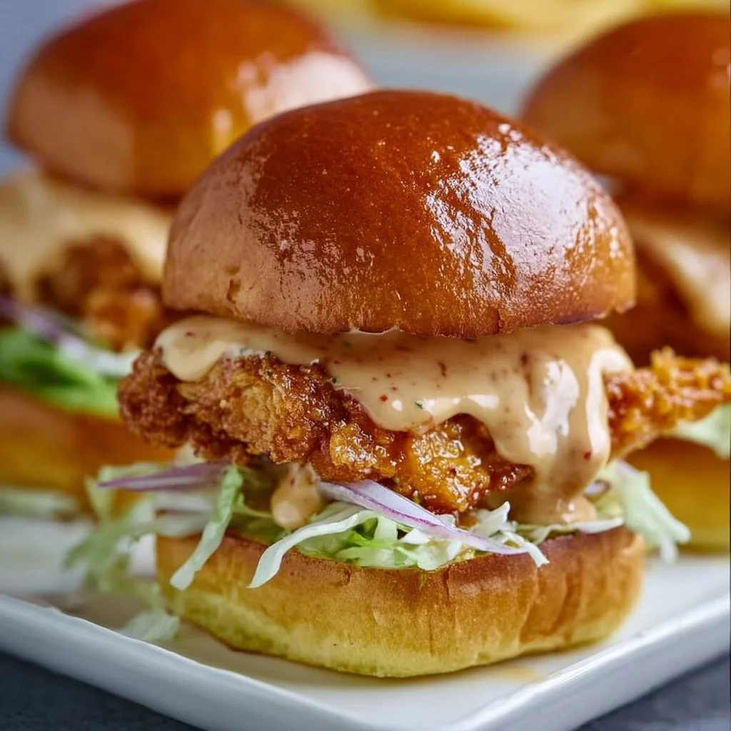 Delicious Bang Bang Chicken Sliders garnished with fresh herbs
