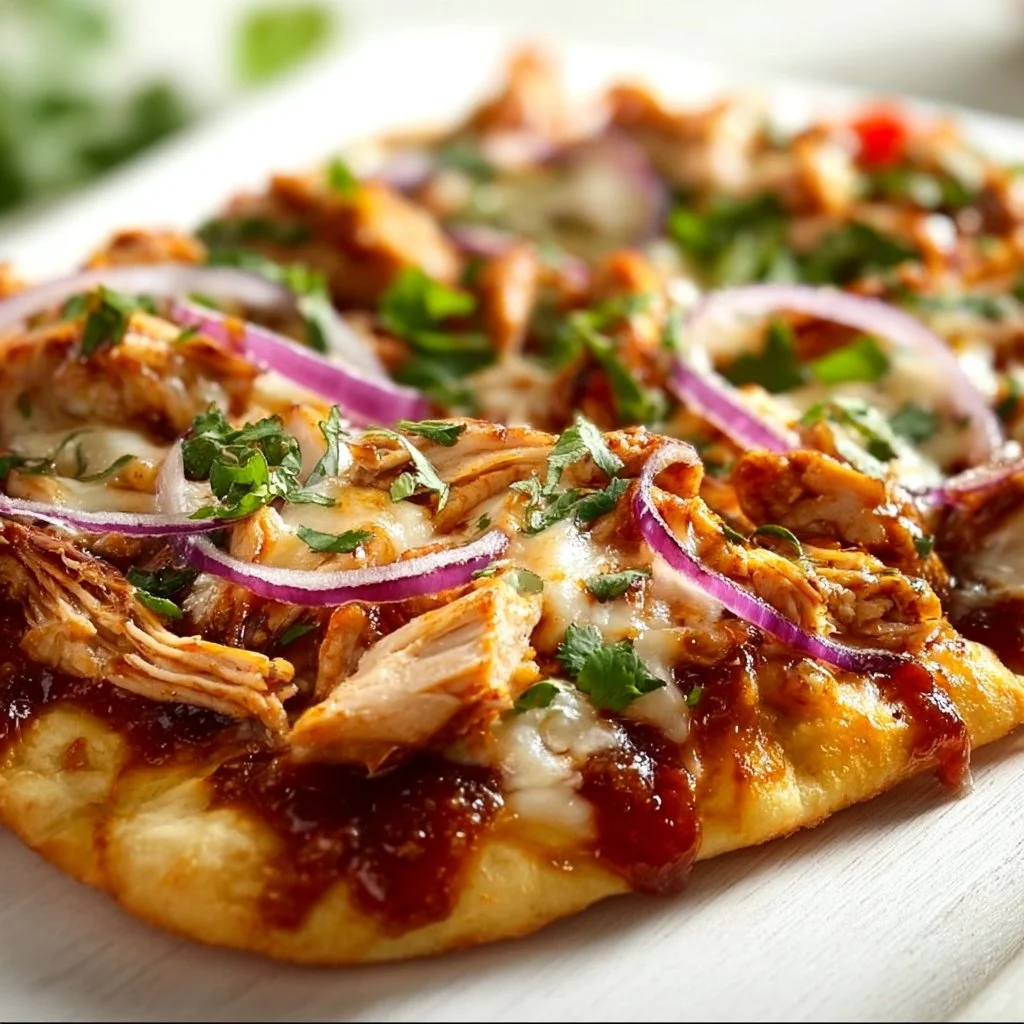 BBQ chicken flatbread topped with grilled chicken, sauce, and fresh ingredients