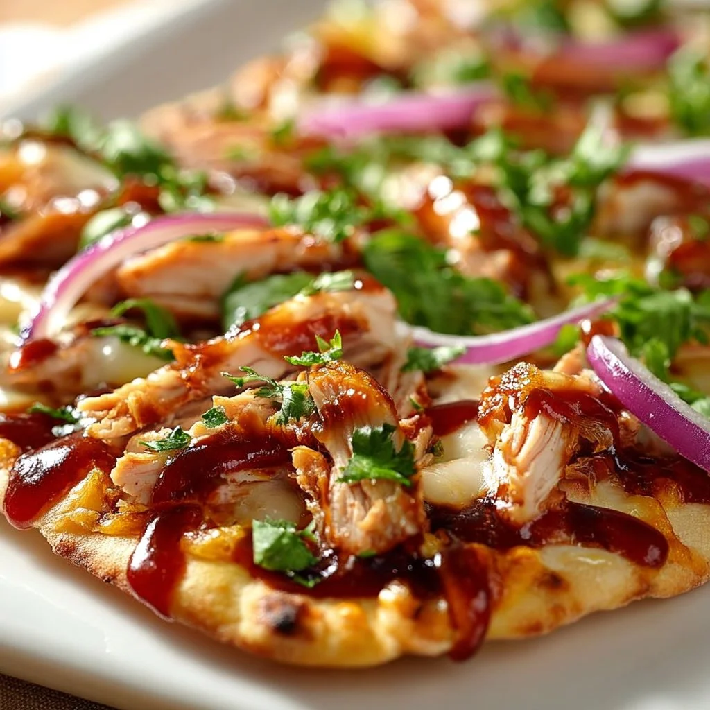 BBQ Chicken Flatbread topped with fresh ingredients and melted cheese