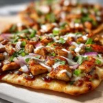 BBQ Chicken Flatbread Pizza 4 BBQ chicken flatbread pizza topped with cheese and cilantro