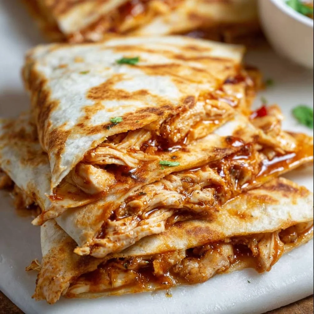 BBQ chicken quesadilla with melted cheese and fresh toppings