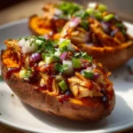 BBQ chicken stuffed sweet potatoes garnished with herbs and avocado