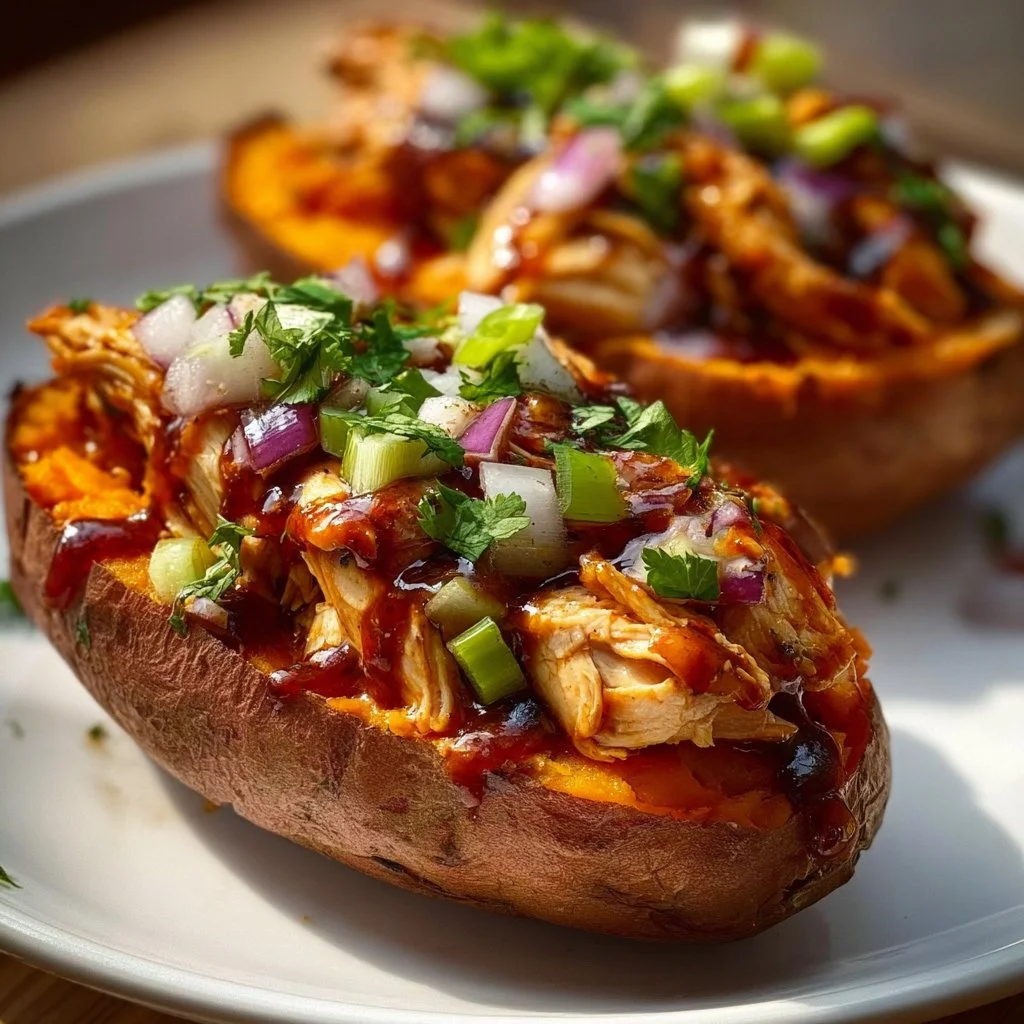 BBQ chicken stuffed sweet potatoes garnished with herbs and avocado