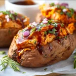 Delicious BBQ chicken stuffed in baked sweet potatoes topped with herbs