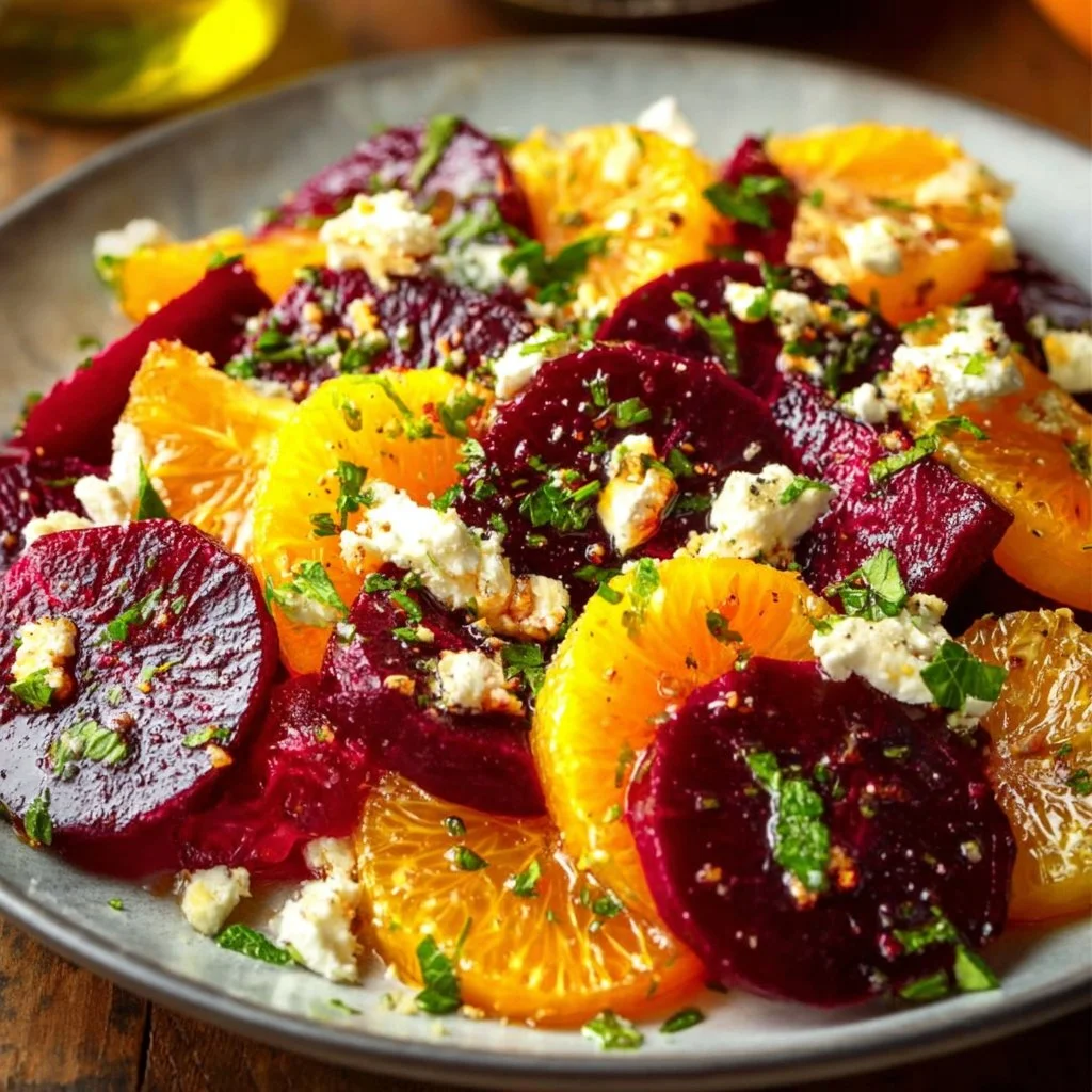 Delicious beet salad topped with oranges and feta cheese