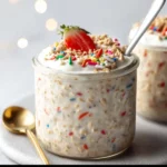 A bowl of colorful birthday cake overnight oats topped with sprinkles.