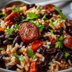 Black Beans and Rice with Sausage 3 Plate of black beans and rice with sausage garnished with herbs