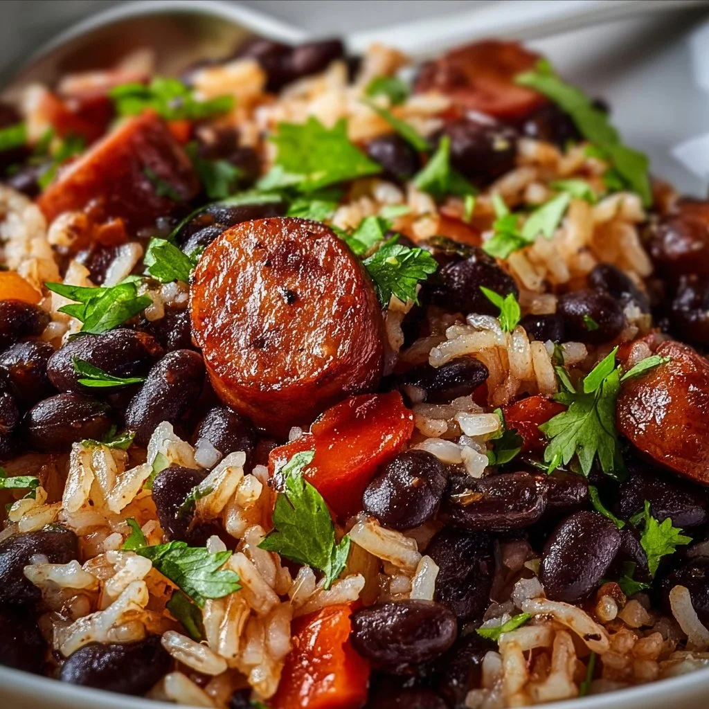 Plate of black beans and rice with sausage garnished with herbs