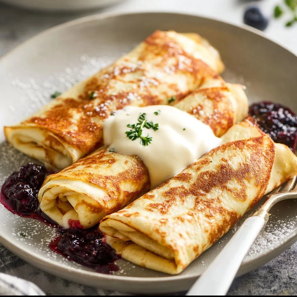 Delicious homemade blintzes filled with sweet cheese and topped with fruit.