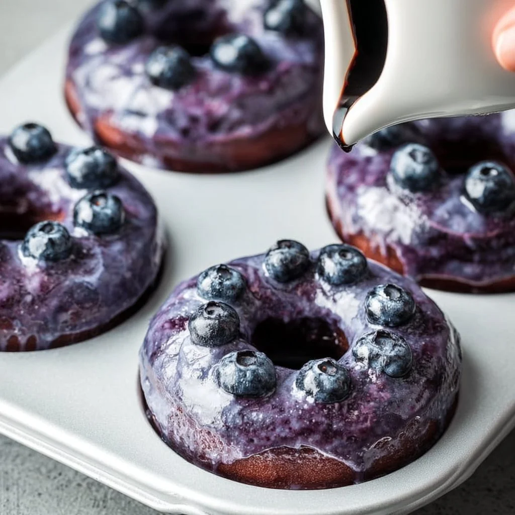 Homemade blueberry cake donuts topped with icing and fresh blueberries