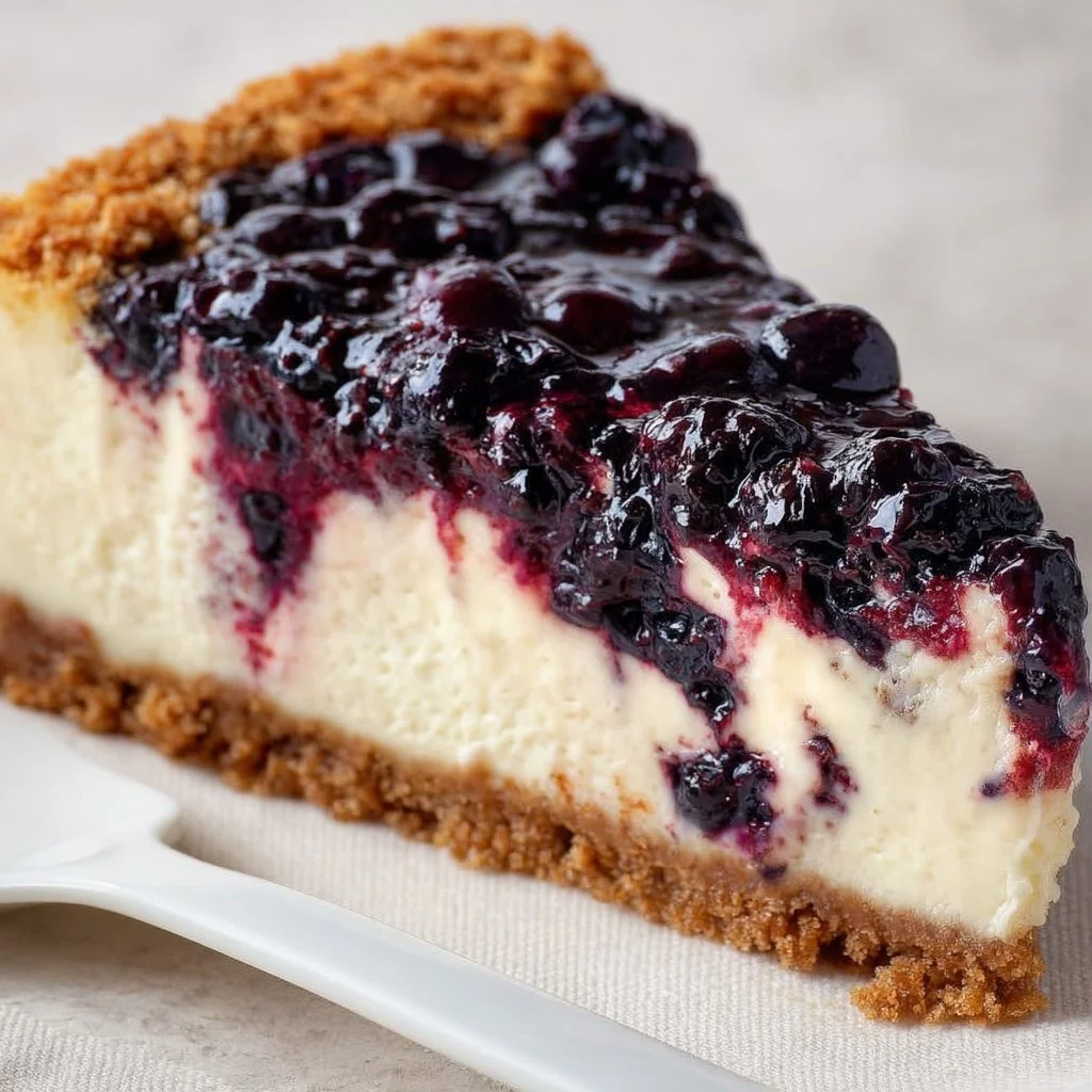 Delicious homemade blueberry cheesecake topped with fresh blueberries