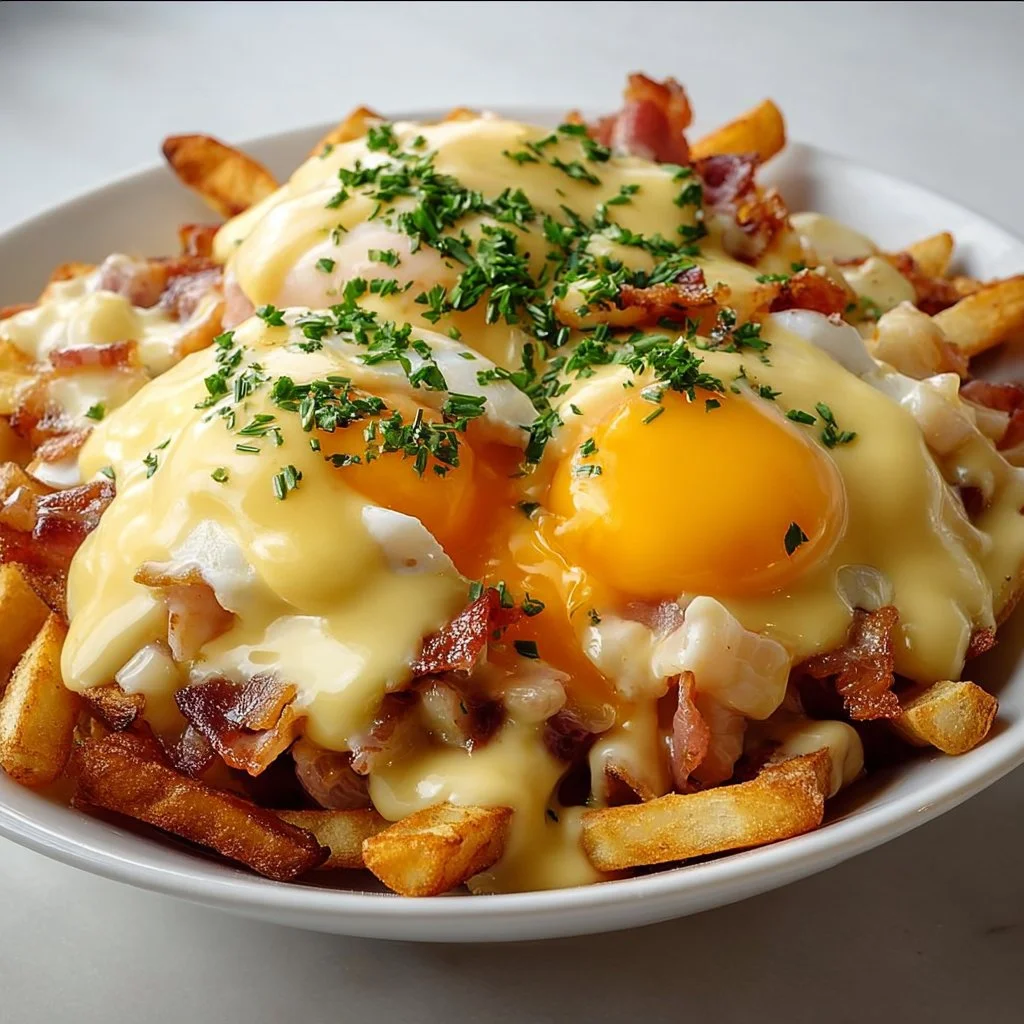 Delicious Breakfast Poutine with creamy hollandaise sauce