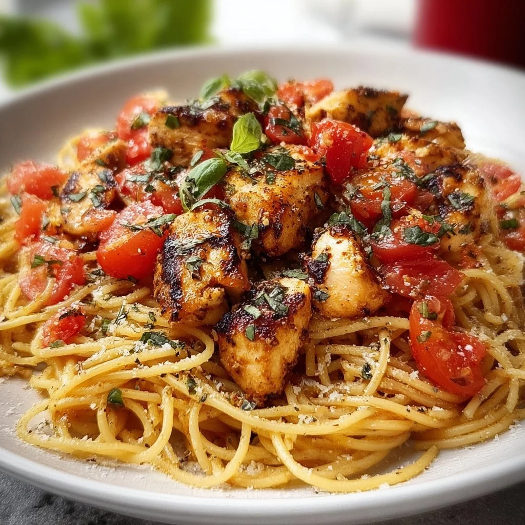 Delicious plate of bruschetta chicken pasta with tomatoes and basil.