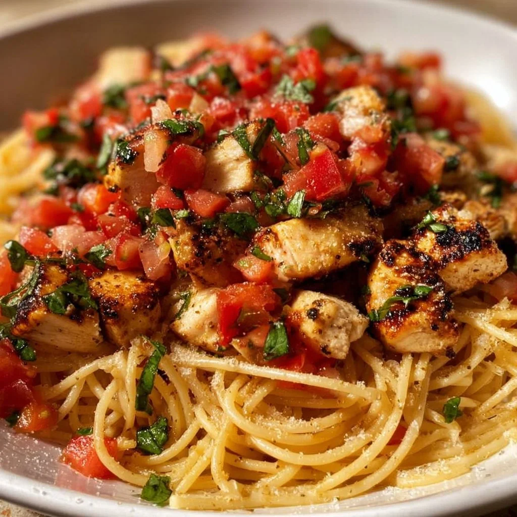 Delicious Bruschetta Chicken Pasta topped with fresh tomatoes and basil