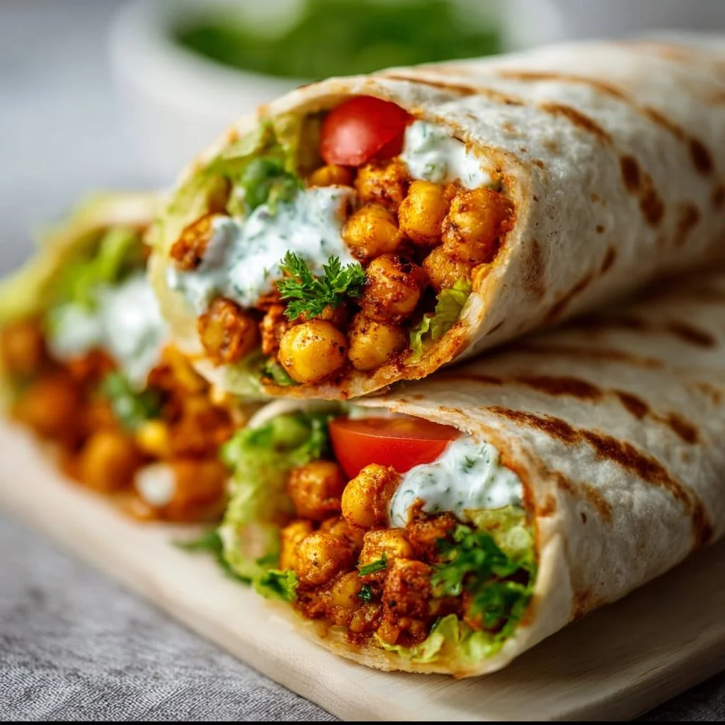 Delicious Buffalo Chickpea Wraps served with fresh veggies and spicy sauce.