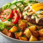 Burger Bowls with crispy potatoes served in a vibrant bowl for a satisfying meal.