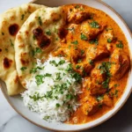 Creamy butter chicken served with rice and naan bread
