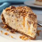 Delicious Butterfinger Pie topped with chocolate and crushed Butterfinger candy.