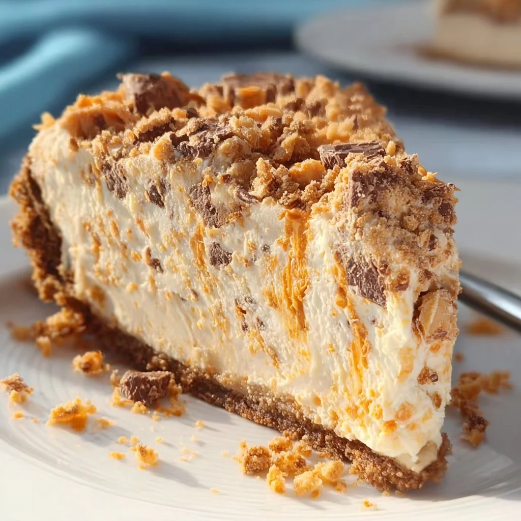 Delicious Butterfinger Pie topped with chocolate and crushed Butterfinger candy.